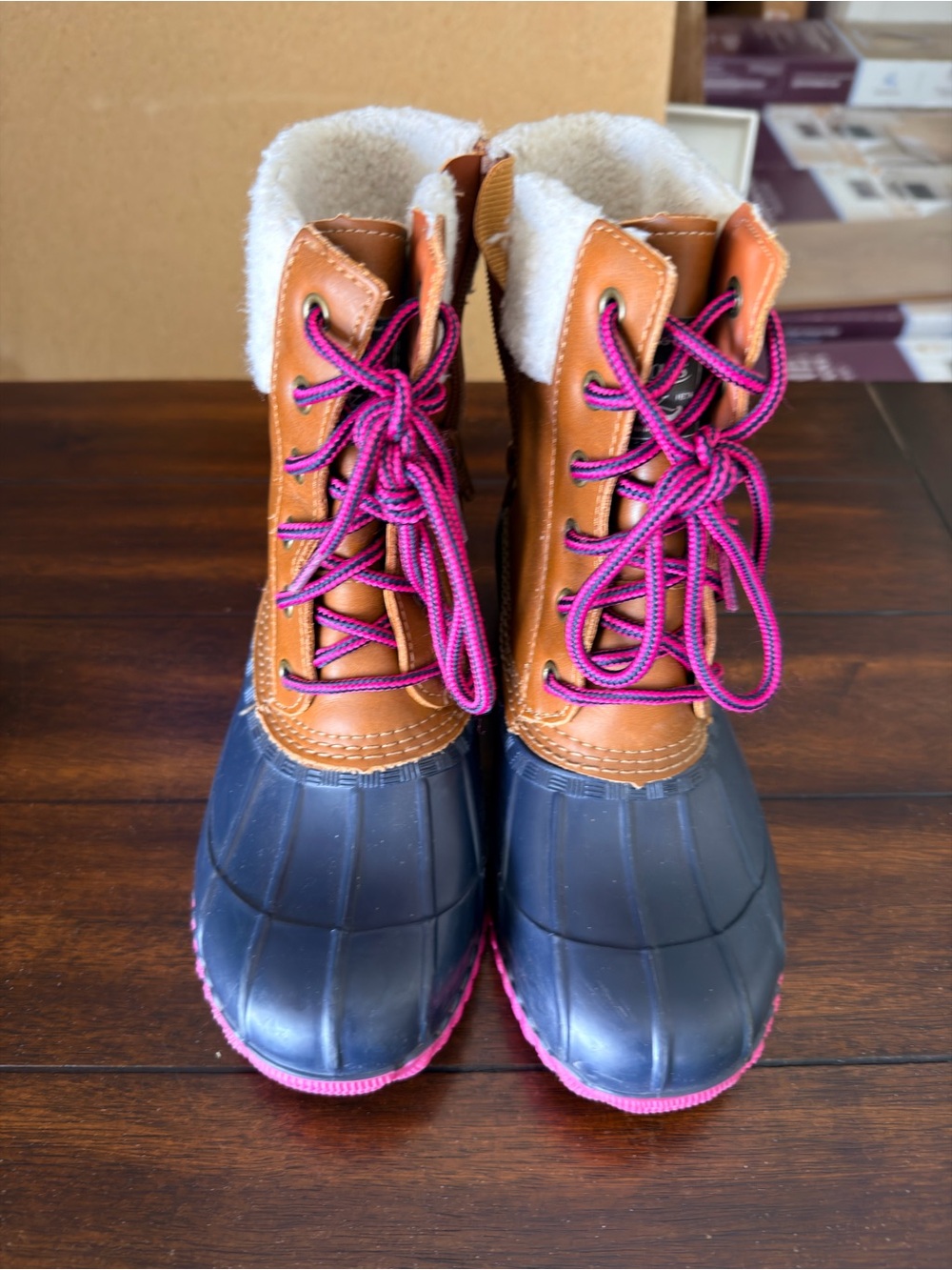 Bass Kids Brown and Navy Duck Boots with Pink Laces